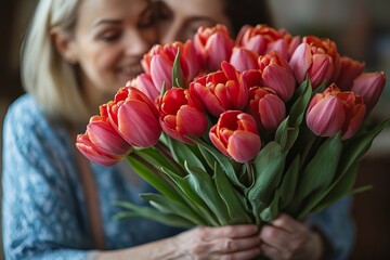 Senior woman and her nurse holding a tulip bouquet, representing the bond between caregiver and patient, emphasizing the importance of care and compassion, Generative AI