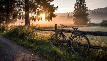 Vintage bicycle leaning against a weathered fence in a misty, sun-drenched meadow