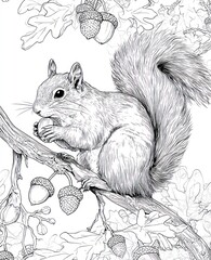 Detailed sketch of a squirrel perched on a branch eating a nut among oak leaves/acorns
