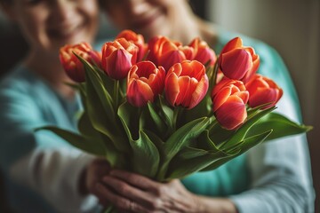 Senior woman and her nurse holding a tulip bouquet, representing the bond between caregiver and patient, emphasizing the importance of care and compassion, Generative AI