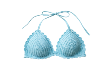 Light blue knitted bikini top with textured pattern and neck tie closure, isolated on a transparent background