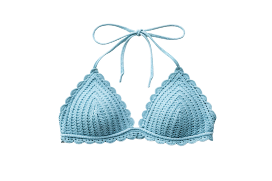 Light blue crocheted triangle bikini top with scalloped edges and halter ties, isolated on a transparent background