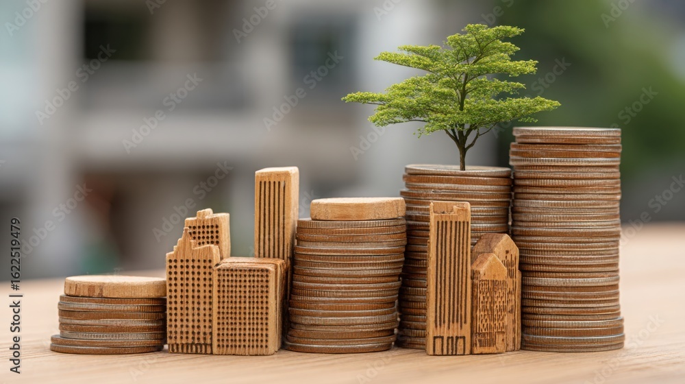 Poster a lush tree growing confidently on a stack of coins symbolizing the intersection of finance and sust