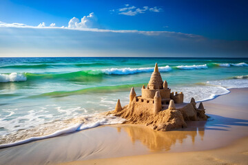 A magnificent sandcastle stands proudly on a sandy beach, with gentle waves lapping at its base under a bright blue sky