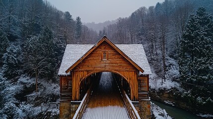 Winter bridge frost covered wooden bridge winter scene snow laden roof icicles traditional timber construction stone foundation