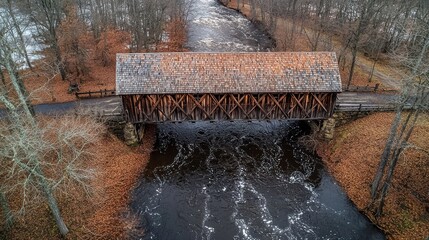 Bridge architectural evolution covered wooden traditional timber truss construction weathered roof textures aerial bird's-eye perspective historic craftsmanship