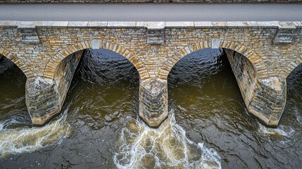 Bridge engineering innovations historic stone arch aerial view ornate decorative masonry construction flowing water architectural details weathered limestone