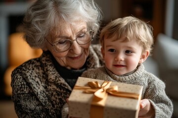 Grandmother giving a gift to her little grandson, celebrating special moments and the joy of family traditions, Generative AI