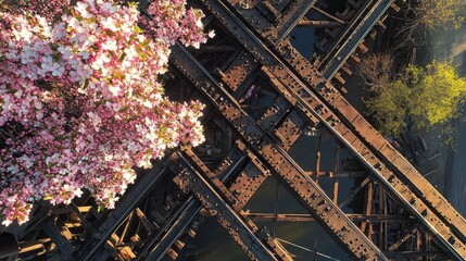 Spring bridge blossoms historic trestle railroad aerial view flowering trees pink white blossoms steel beam industrial framework river landscape