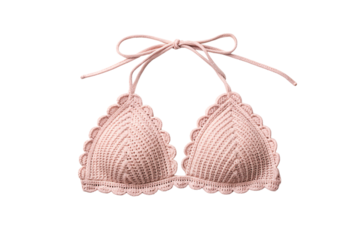 Dusty rose crocheted triangle bikini top with scalloped edges and halter neck ties, isolated on a transparent background