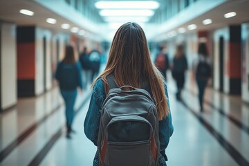 Unrecognizable teenage students in a high school hallway, symbolizing the dynamic and social atmosphere of student life, Generative AI