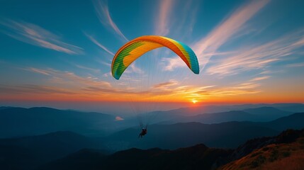 Paraglider freedom flying on sunset sky. Generative Ai