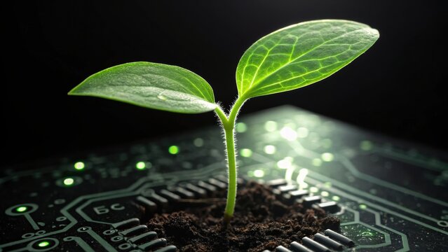 A seedling growing out of soil placed on a circuit board with green lights in the background - Powered by Adobe