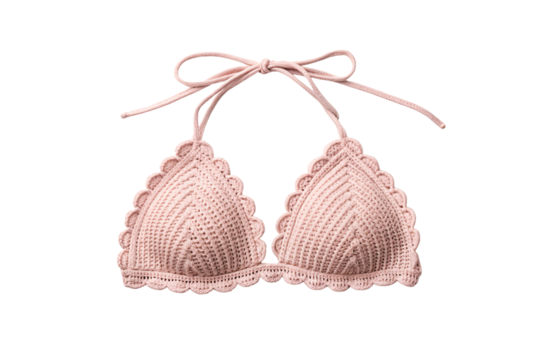 Dusty rose crocheted triangle bikini top with scalloped edges and halter neck ties, isolated on a transparent background