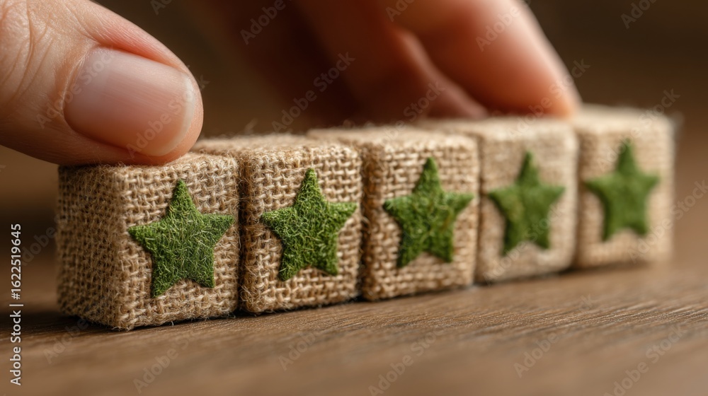 Poster person placing block into a structure symbolizing sustainable leadership index and collaborative gro