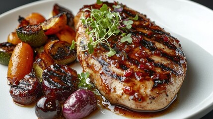 Grilled chicken breast chili jam glaze microgreens roasted peppers white plate premium restaurant presentation fine dining photography