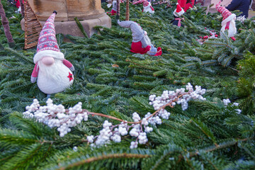 Christmas gnome and white berries on festive pine decorations