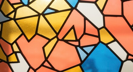 Colorful stained glass design with geometric shapes.