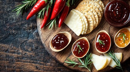 Artisanal chili jam cheese platter crackers wooden bowls cutting board fresh chilies rosemary premium restaurant food presentation