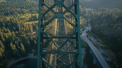 Bridge structural angles steel truss cantilever tower cross-bracing geometric patterns aerial perspective forested valley natural background engineering