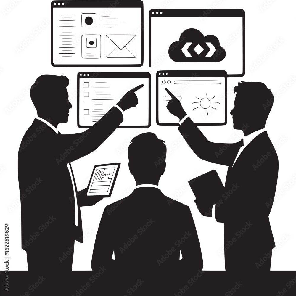 Poster silhouetted figures discussing web design and cloud computing with tablets and pointing gestures sho