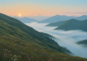 Obraz premium Sunrise Serenity: Misty Mountain Valley