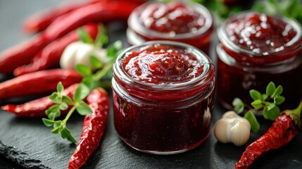 Chili jam homemade spicy condiment glass jar stone surface dried red peppers garlic bulbs fresh herbs culinary photography