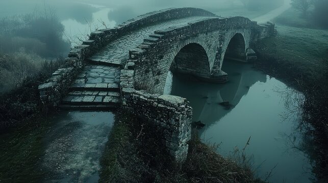 Misty bridge morning ancient stone arch bridge emerging through fog over calm water historic architecture structural stonework details atmospheric perspective