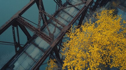 Spring bridge blossoms historic steel truss structure yellow autumn foliage water reflection geometric patterns riveted engineering