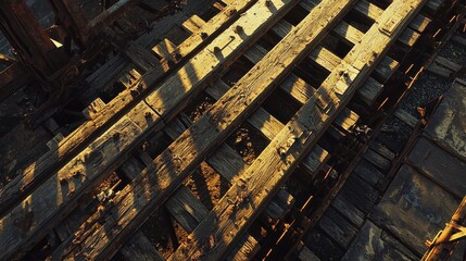 Golden hour bridge railroad trestle aerial wooden construction weathered timber metal reinforcement industrial framework historic
