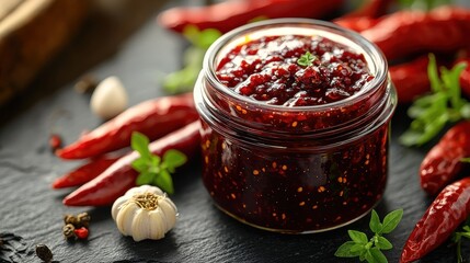 Chili jam gourmet preserves glass container slate background fresh red chilies garlic cloves herb garnish professional styling