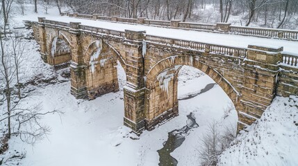 Snowy bridge scene elegant stone arch bridge covered fresh snow natural winter setting historic architecture structural details frozen waterway