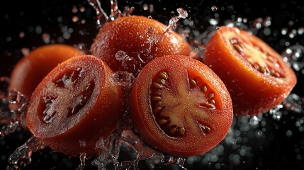Close up of a tomato slice with water droplets surrounding it. Concept of freshness and vitality, as the tomato is a symbol of health and nutrition. The water droplets add a dynamic