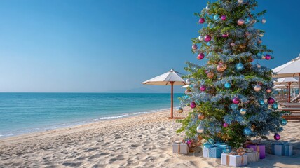 Tropical Christmas: Gifts and Tree on Sandy Beach