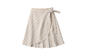 Beige white striped wrap midi skirt with side bow tie and curved hemline, isolated on a transparent background