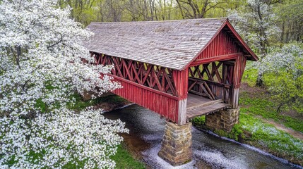 Spring bridge blossoms American covered timber bridge red weathered wood white dogwood flowers stone foundation rural landscape