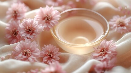 A glass bowl filled with liquid, surrounded by delicate pink flowers on a soft, flowing fabric. Ideal for beauty, skincare, or wellness product visuals.