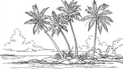 Tropical island scene with palm trees.