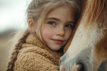 Little girl hugging a horse outdoors at a community farm, symbolizing the connection between children and animals in an educational, farm-based environment, Generative AI