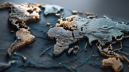 3D Illustration of World Map with Raised Continents and Landforms