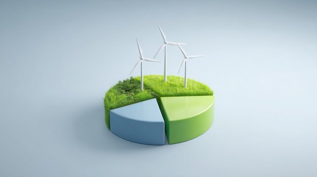 Green pie chart featuring wind turbines representing sustainable sector allocation in renewable energy concepts