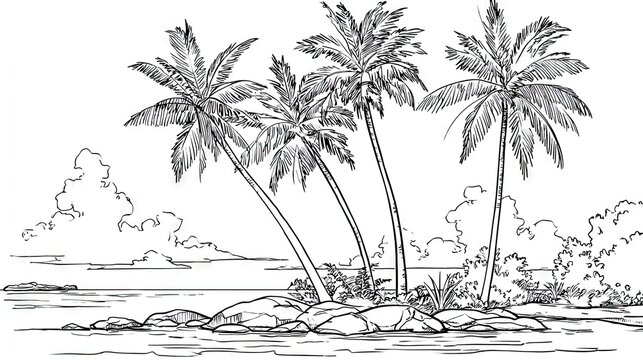 Tropical island scene with palm trees.