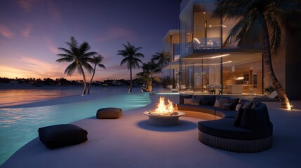 Luxury beachfront real estate at sunset modern villas with infinity pools palm trees swaying and golden light reflecting off the ocean