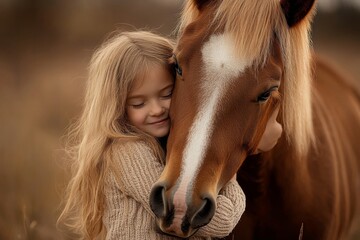 Little girl hugging a horse outdoors at a community farm, symbolizing the connection between children and animals in an educational, farm-based environment, Generative AI