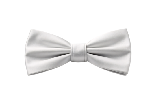 Elegant silver satin bow tie with smooth fabric finish and classic butterfly shape design, isolated on a transparent background
