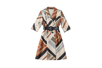Geometric patterned wrap dress with diagonal stripes in earth tones and black leather belt accent, isolated on a transparent background