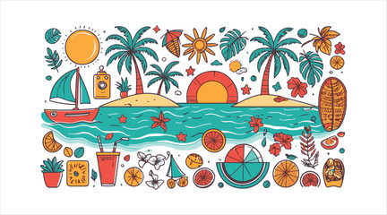 Summer break doodle art. A vector collection of beach-themed items

