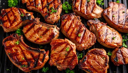 Mouthwatering assortment of grilled pork chops with distinct grill marks showcasing succulent