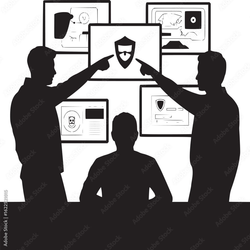Poster silhouetted figures pointing at screens displaying security and content related information in black