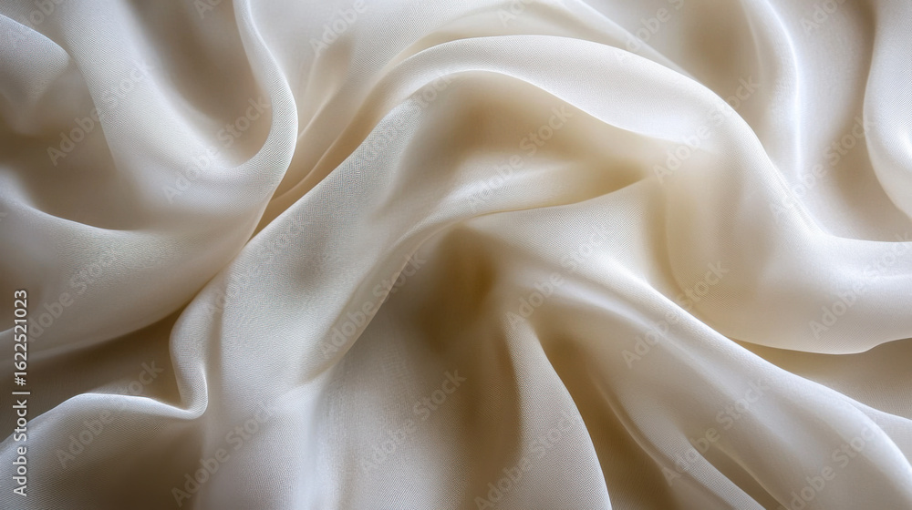 Poster soft cream silk fabric draping elegantly with subtle texture and shine under soft lighting giving a 